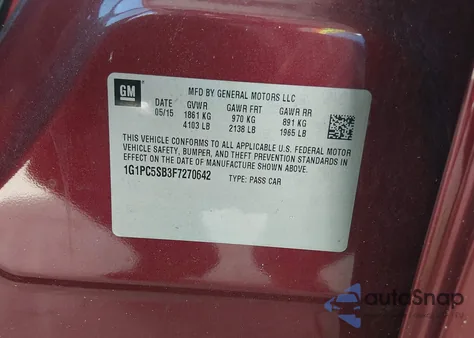 2015 Chevrolet Cruze 1Lt Auto z USA, uszkodzony, nr VIN 1G1PC5SB3F7270642